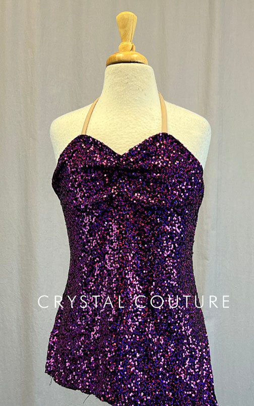 Custom Purple Sequined Halter Dress with Diagonal Hem