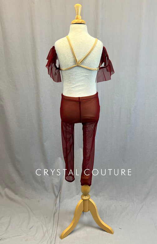 Custom Burgundy Top and Mesh Leggings with Off Shoulder Ruffle