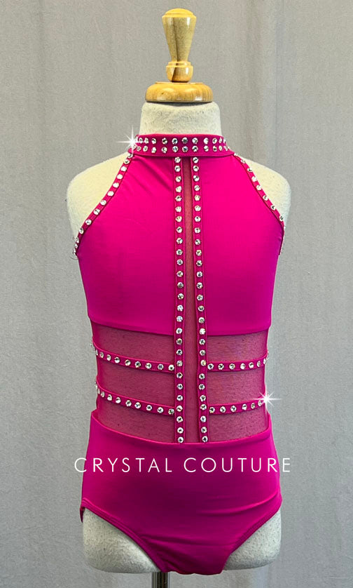 Hot Pink High Neck Leotard with Mesh Inserts - Rhinestones