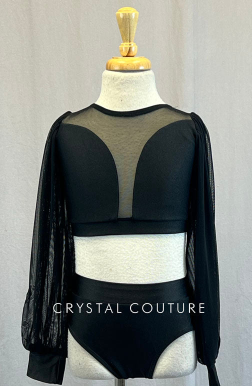 Black Peasant Sleeve Top and Trunks with Mesh Inserts