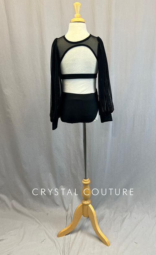 Black Peasant Sleeve Top and Trunks with Mesh Inserts