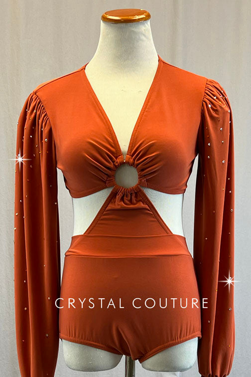 Rust Orange Connected Leotard with Peasant Sleeves and Center Ring - Rhinestones