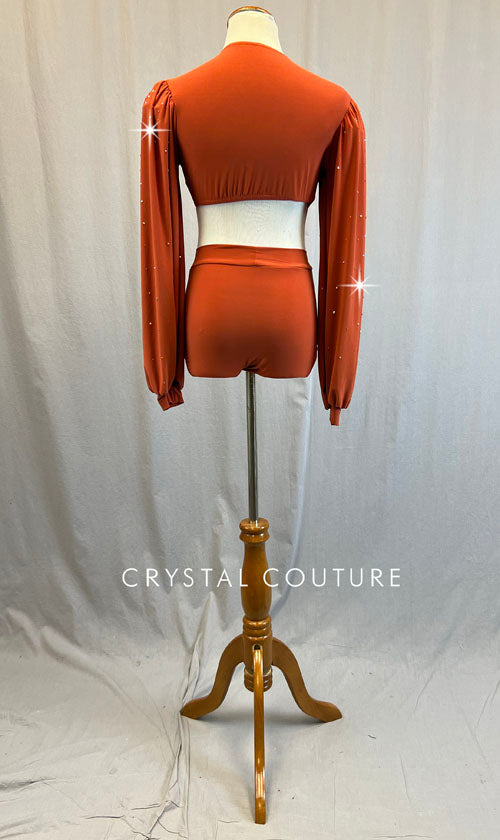 Rust Orange Connected Leotard with Peasant Sleeves and Center Ring - Rhinestones