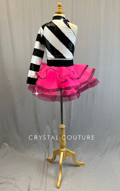 Black & White Wide Striped Asymmetrical Top with Pink Layered Tulle Skirt - Rhinestones
