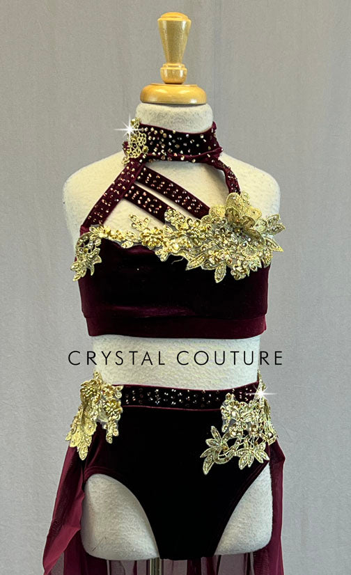 *Brand New* Burgundy Velvet Two Piece with Gold Appliques and Back Skirt - Rhinestones