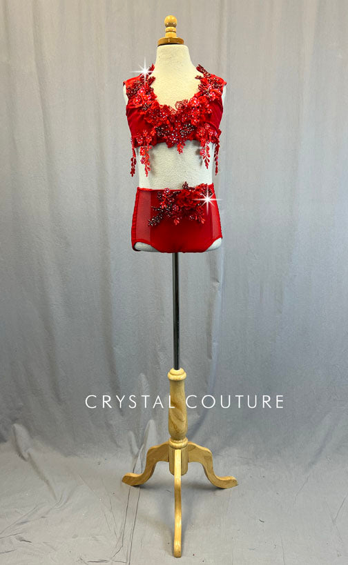 Custom Red Two Piece with Draping Floral Appliques - Rhinestones