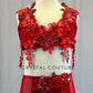 Custom Red Two Piece with Draping Floral Appliques - Rhinestones