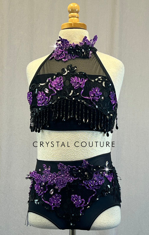 Custom Black Halter Two Piece with Beaded Fringe and Purple Appliques - Rhinestones