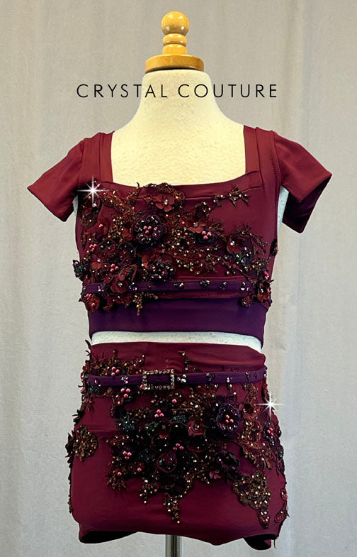 Custom Burgundy & Plum Two Piece with Floral Appliques - Rhinestones