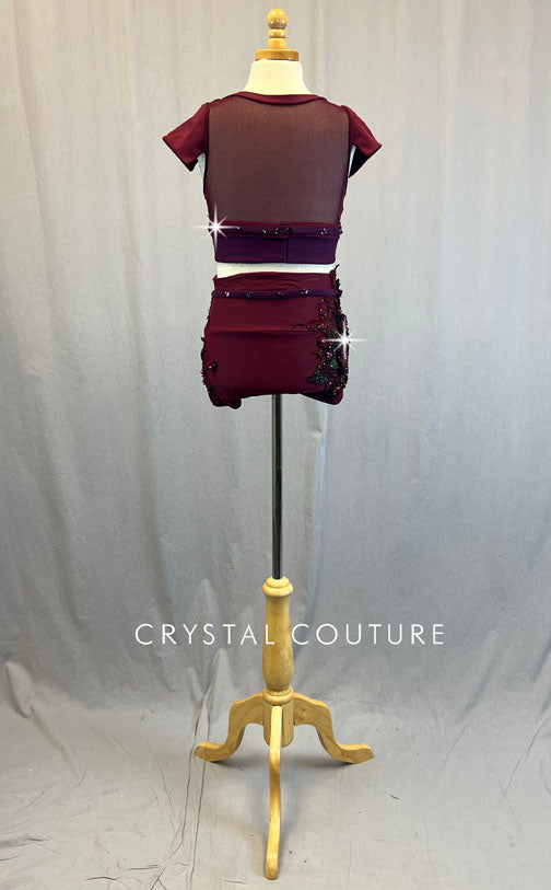 Custom Burgundy & Plum Two Piece with Floral Appliques - Rhinestones