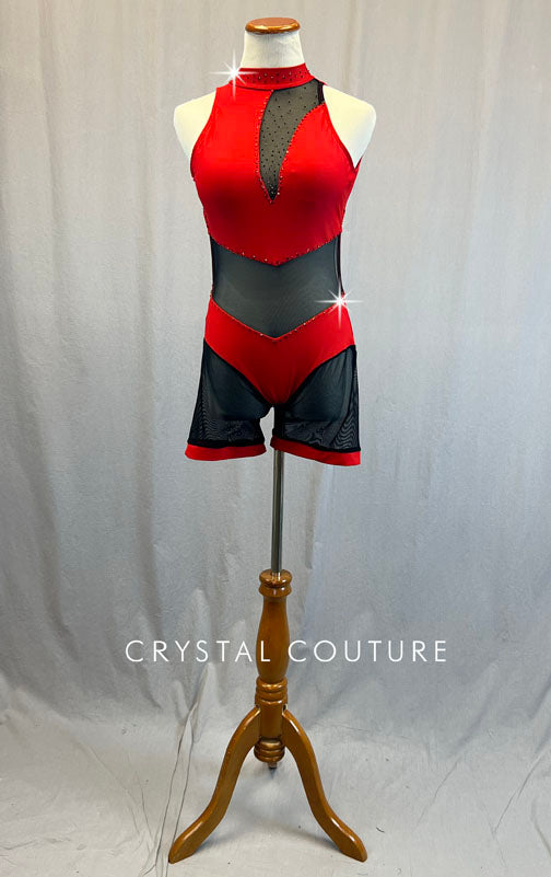 Custom Red Biketard with Black Mesh Inserts - Rhinestones