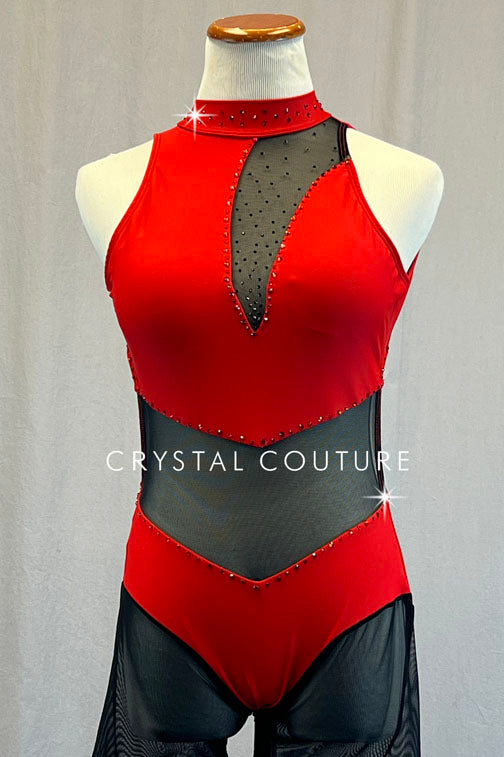 Custom Red Biketard with Black Mesh Inserts - Rhinestones