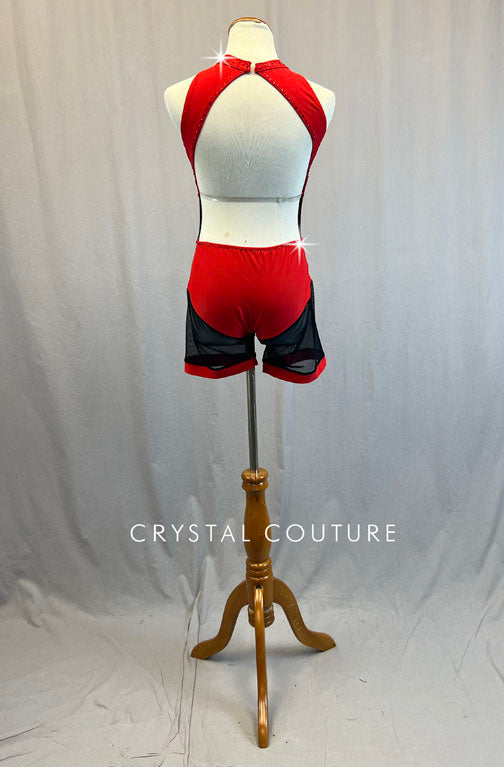 Custom Red Biketard with Black Mesh Inserts - Rhinestones