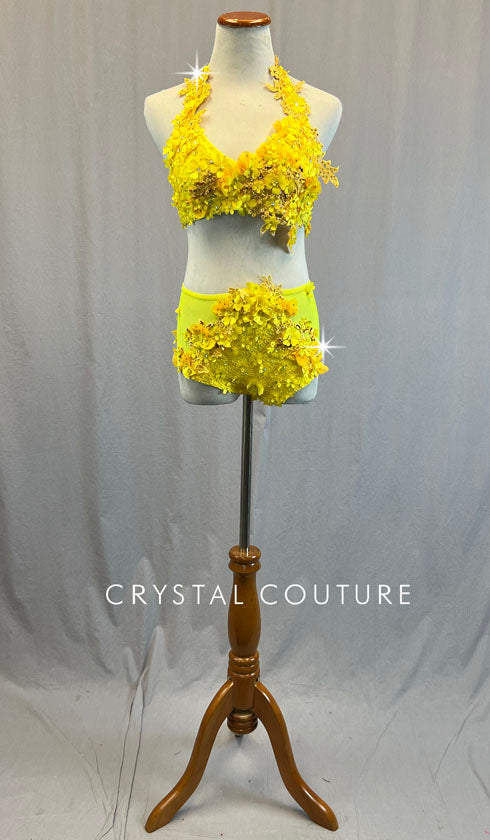 Custom Yellow Floral Applique Two Piece with Mesh Inserts - Rhinestones