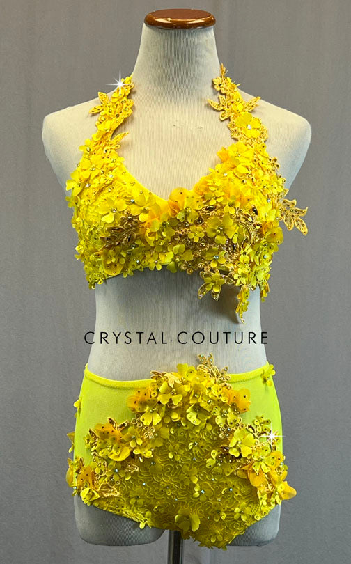 Custom Yellow Floral Applique Two Piece with Mesh Inserts - Rhinestones