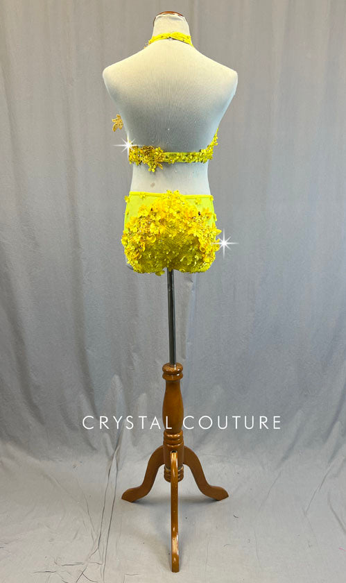 Custom Yellow Floral Applique Two Piece with Mesh Inserts - Rhinestones