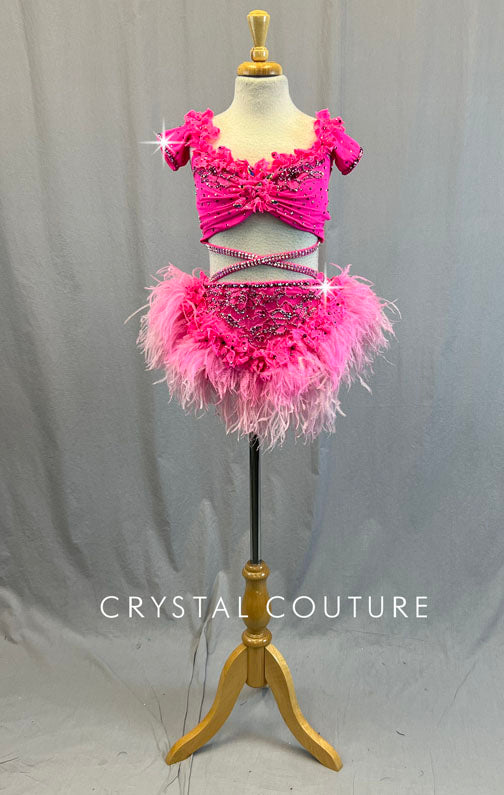 Custom Hot Pink Cinched Top and Connected Skirt with Feather Hem - Rhinestones