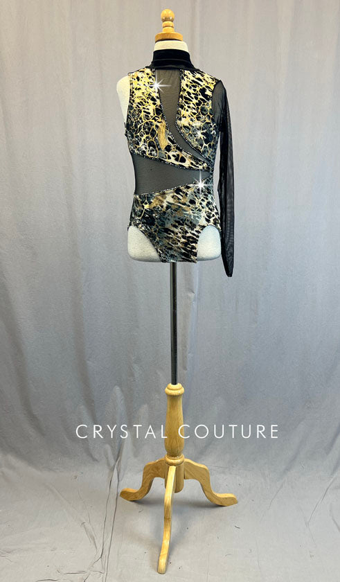Custom Black & Gold Abstract Print Asymmetrical Leotard with Mesh Inserts - Rhinestones