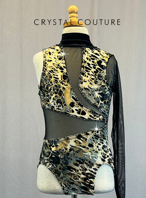 Custom Black & Gold Abstract Print Asymmetrical Leotard with Mesh Inserts - Rhinestones