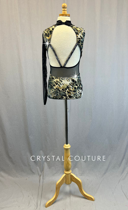 Custom Black & Gold Abstract Print Asymmetrical Leotard with Mesh Inserts - Rhinestones