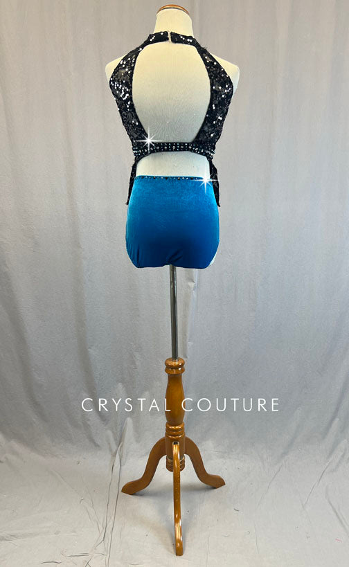 Royal Blue Velour & Black Zsa Zsa Leotard with Cutouts - Rhinestones