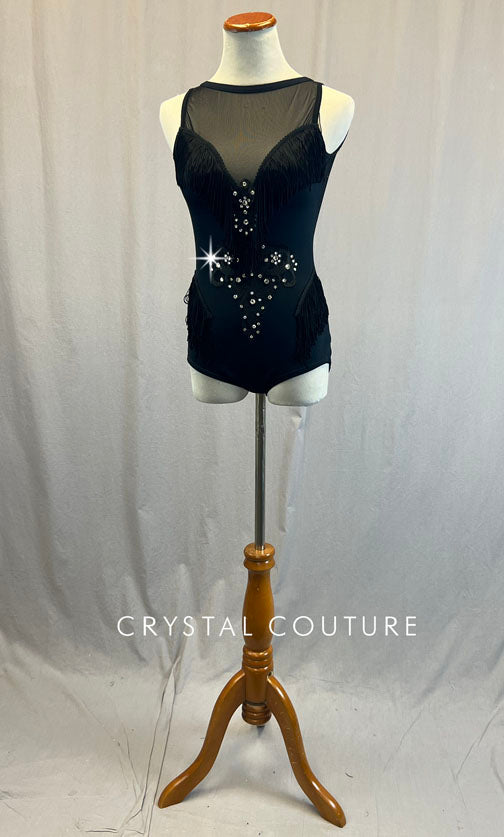 Custom Black Leotard with Mesh Inserts and Fringe - Rhinestones
