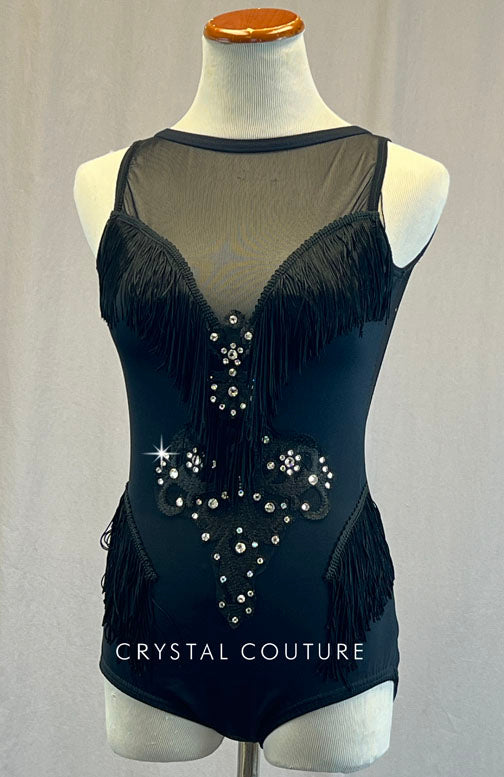 Custom Black Leotard with Mesh Inserts and Fringe - Rhinestones