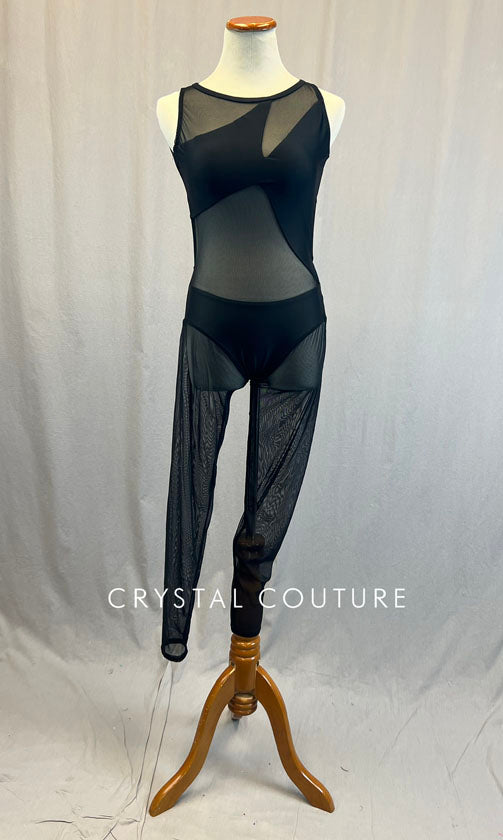 Custom Black Unitard with Open Back and Asymmetrical Mesh Inserts