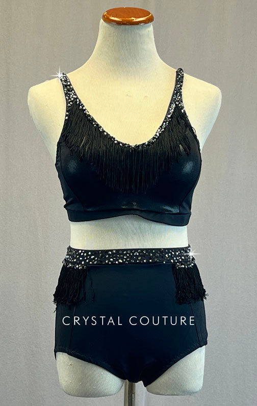 Custom Black Metallic Two Piece with Fringe - Rhinestones