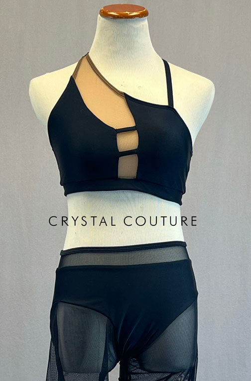 Custom Black Asymmetrical Two Piece with Mesh Shorts - Rhinestones