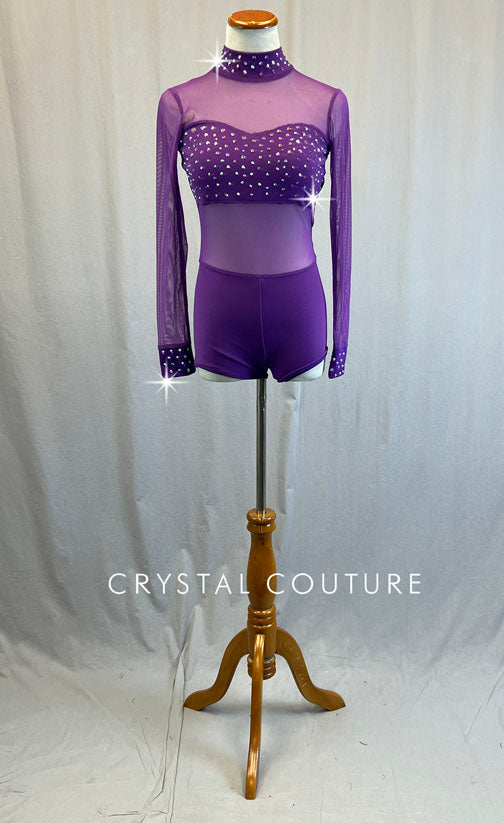 Purple Mesh Long Sleeve Leotard - Rhinestones