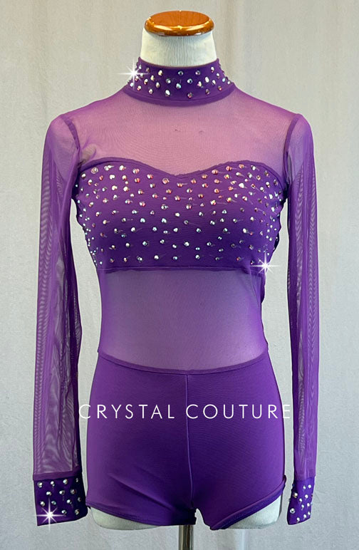 Purple Mesh Long Sleeve Leotard - Rhinestones