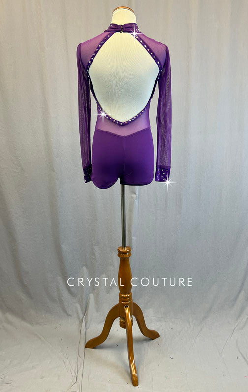 Purple Mesh Long Sleeve Leotard - Rhinestones