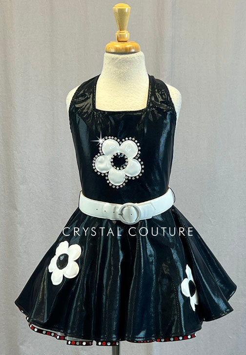 Custom Black Metallic Halter Dress with Crinoline and White Flower Patches - Rhinestones