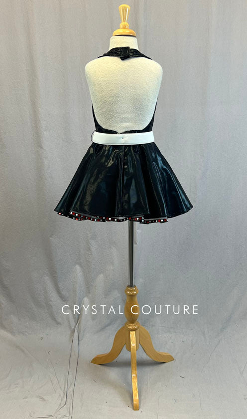 Custom Black Metallic Halter Dress with Crinoline and White Flower Patches - Rhinestones
