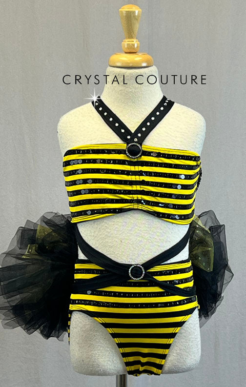 Custom Black & Yellow Bumble Bee Two Piece with Tulle Bustle - Rhinestones