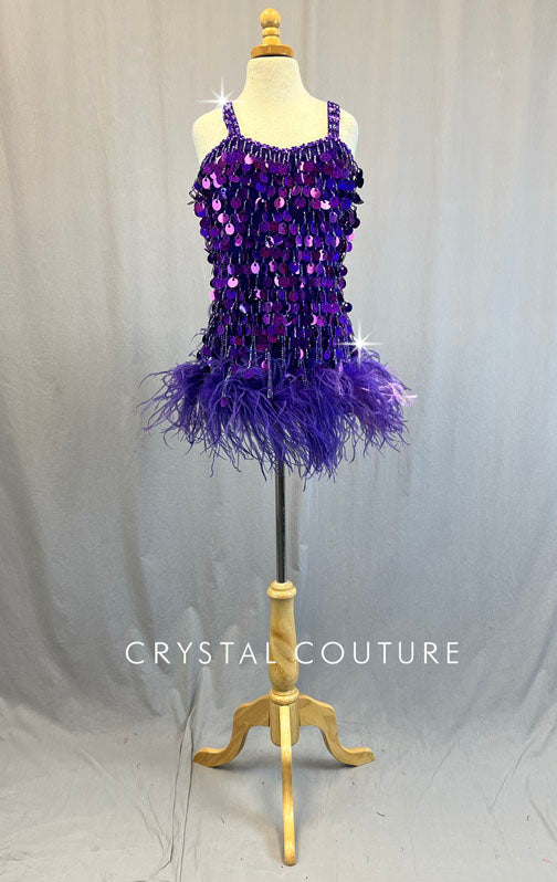 Custom Purple Beaded Fringe Dress with Feather Hem