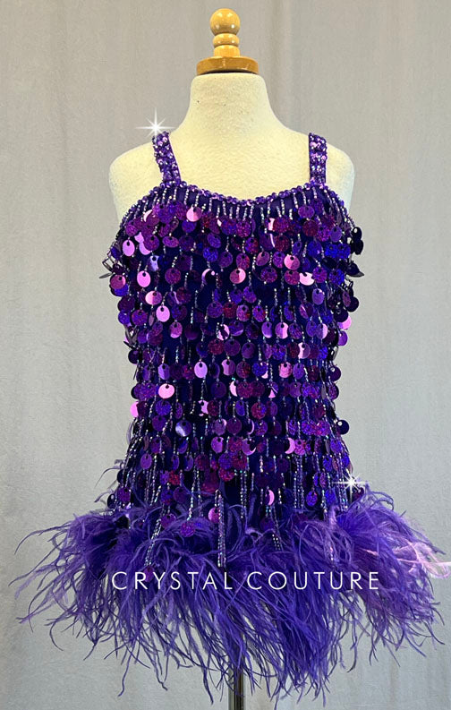 Custom Purple Beaded Fringe Dress with Feather Hem