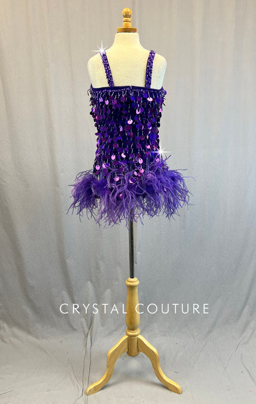 Custom Purple Beaded Fringe Dress with Feather Hem