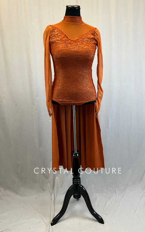 Rust Orange Lace and Mesh Mock Neck Leotard with Back Skirt