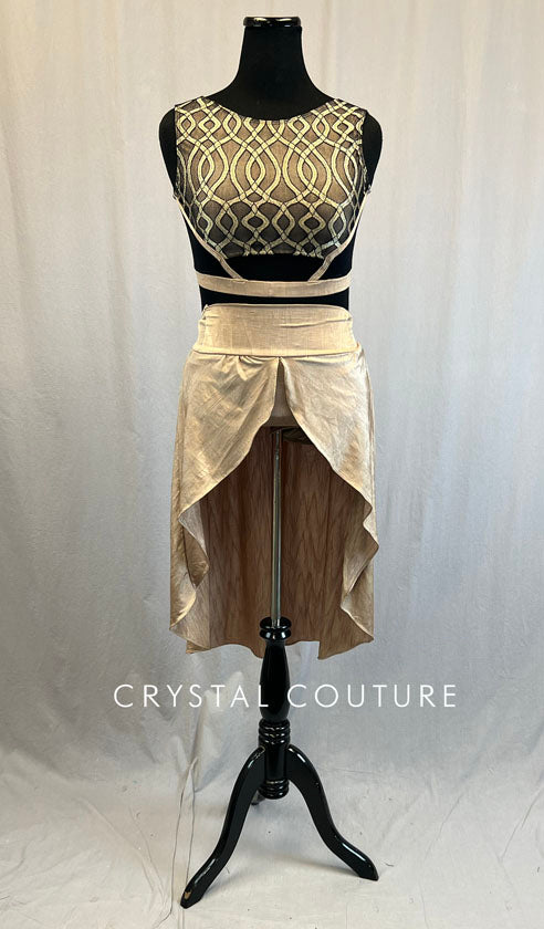 Black & Light Gold Patterned Cropped Top and High Waisted Slit Front Skirt