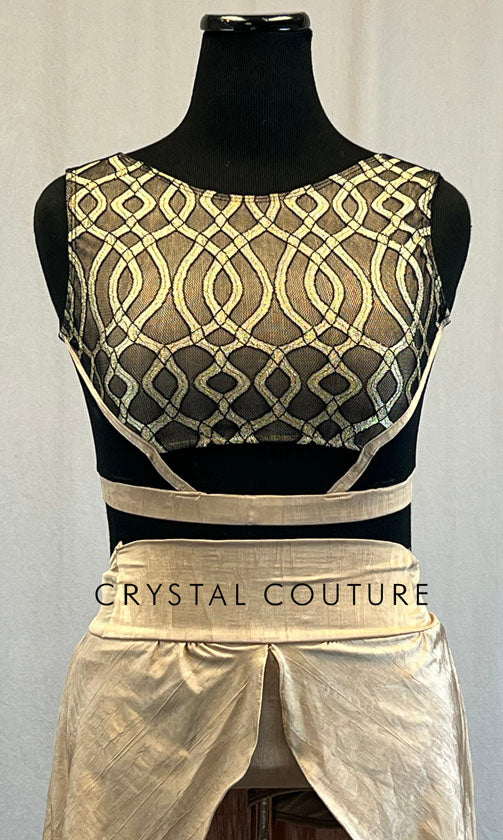 Black & Light Gold Patterned Cropped Top and High Waisted Slit Front Skirt