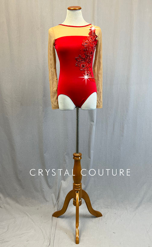 Red & Nude Mesh Long Sleeve Leotard with Appliques - Rhinestones