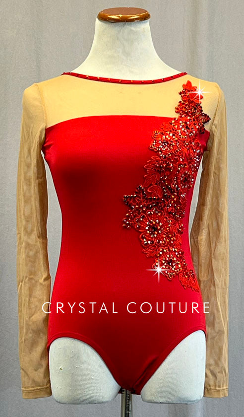 Red & Nude Mesh Long Sleeve Leotard with Appliques - Rhinestones