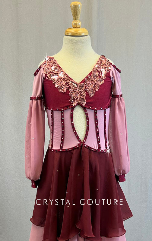 Custom Rose & Burgundy Puff Sleeve Dress with Princess Seams - Rhinestones