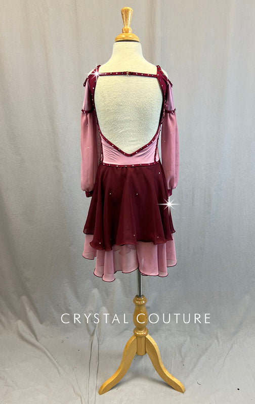 Custom Rose & Burgundy Puff Sleeve Dress with Princess Seams - Rhinestones