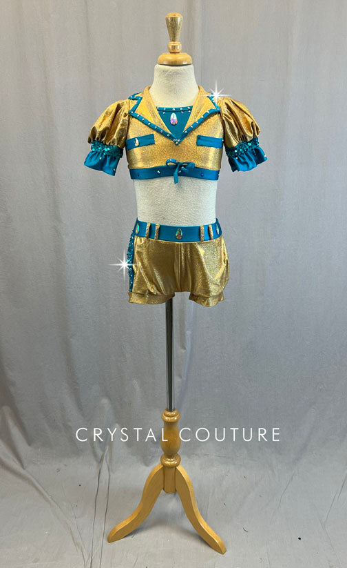 Custom Metallic Gold & Blue Two Piece with Puff Sleeves and Lapels - Rhinestones
