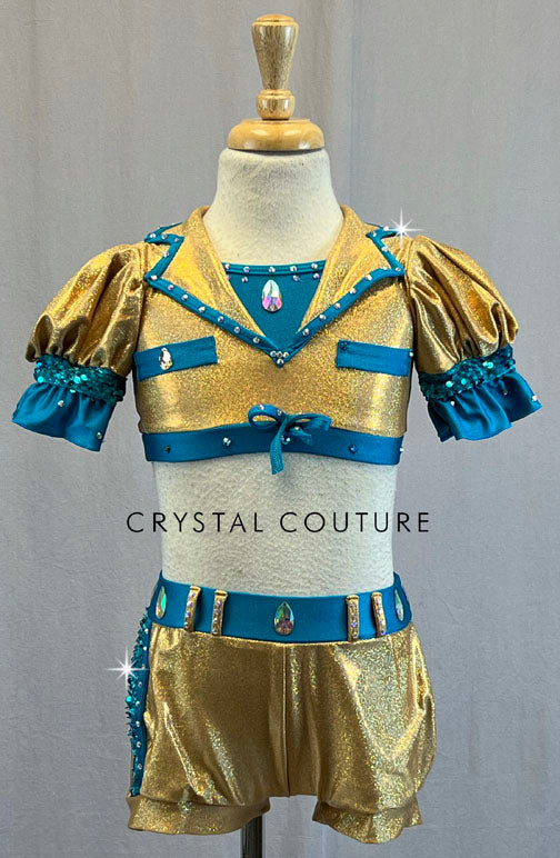 Custom Metallic Gold & Blue Two Piece with Puff Sleeves and Lapels - Rhinestones