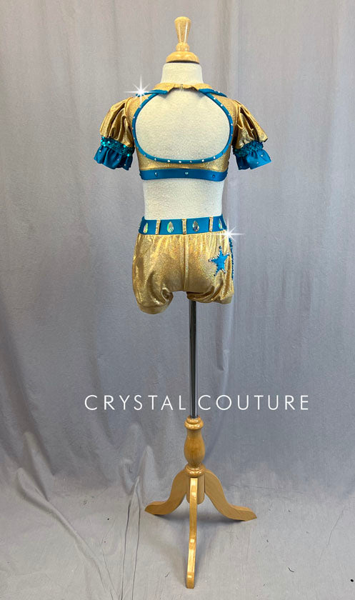 Custom Metallic Gold & Blue Two Piece with Puff Sleeves and Lapels - Rhinestones