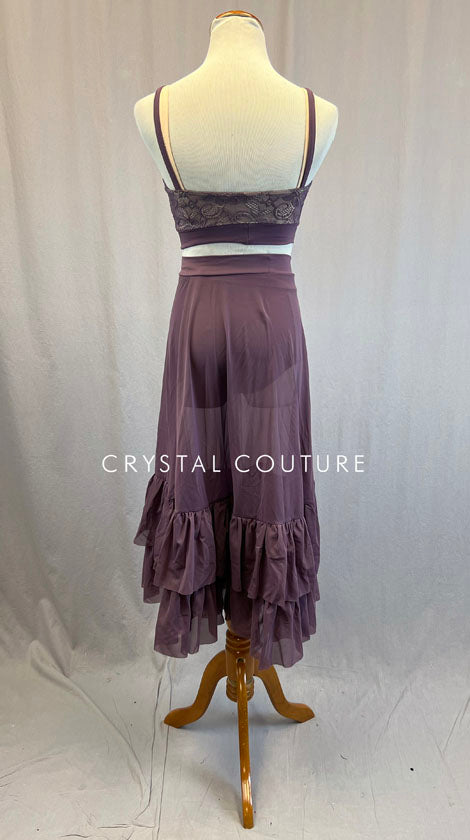 Dark Mauve Lace Bra Top with Ruffle Hem Skirt